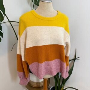 Madewell Striped Crew Neck Sweater Yellow Cream Brown Pink‎ Alpaca Blend M